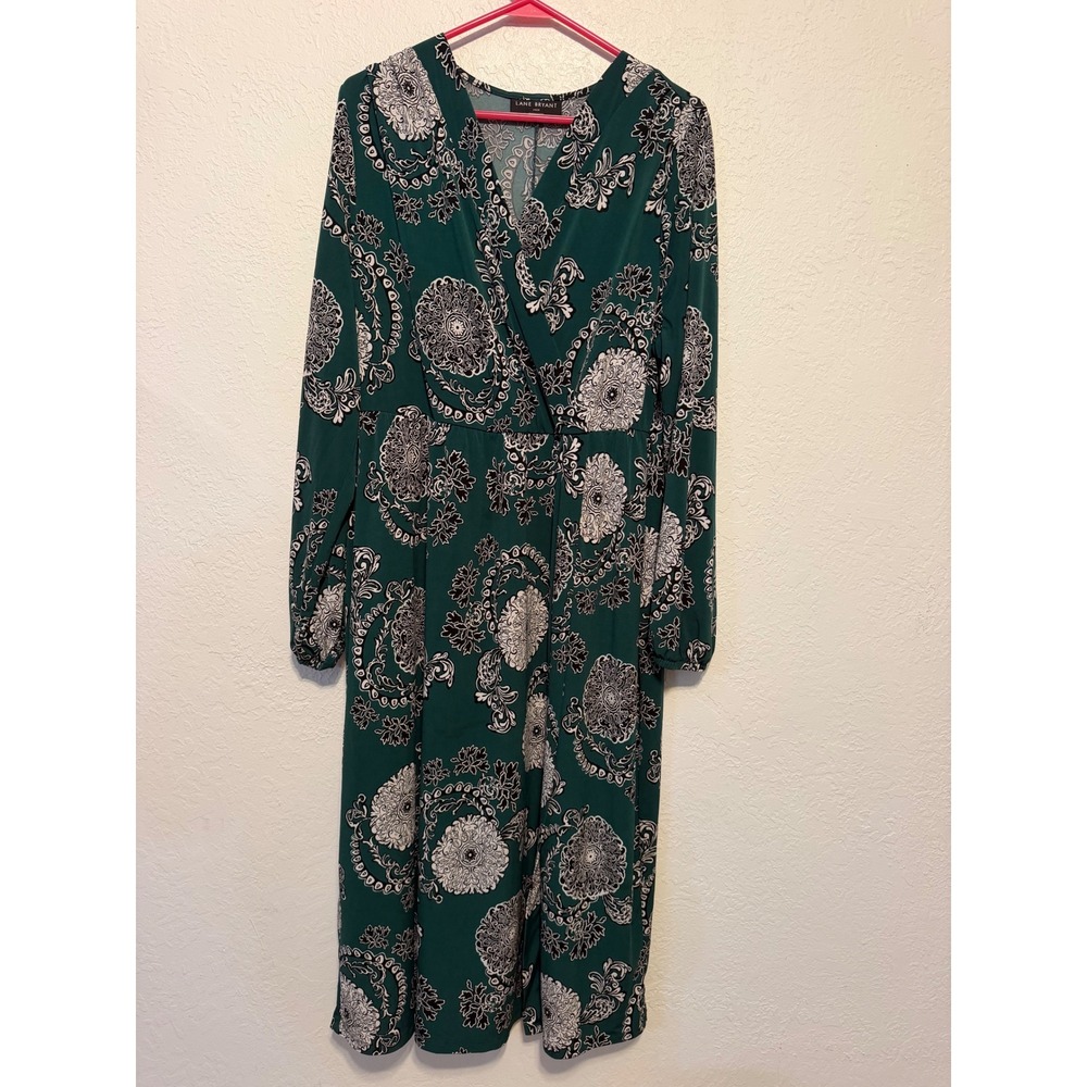 Lane Bryant Green Floral Medallion Faux Wrap Midi Dress Plus 14/16 Long Sleeve